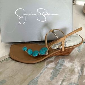 Womens 8.5 Jessica Simpson strappy wedge sandal with turquoise accents